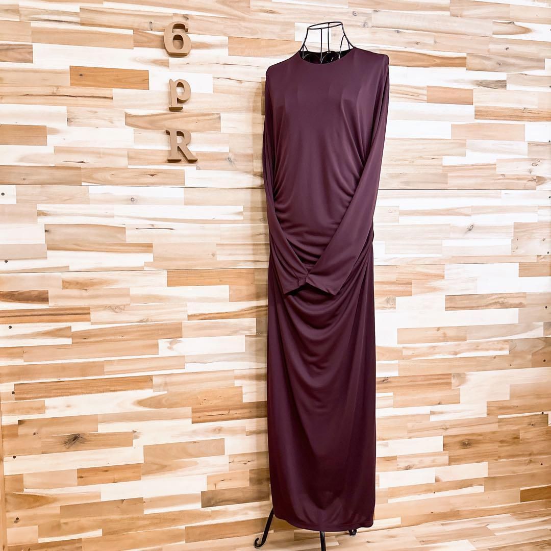 ザラ ドレープ サイド ギャザー ロング ドレス ワンピース 長袖 XL 赤