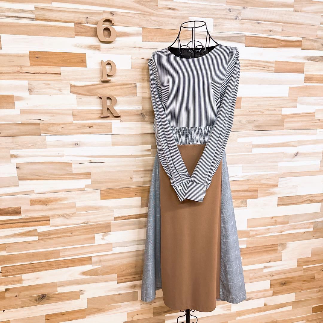 ザラ クルーネック 異素材ドッキング ロング ワンピース M グレー×茶