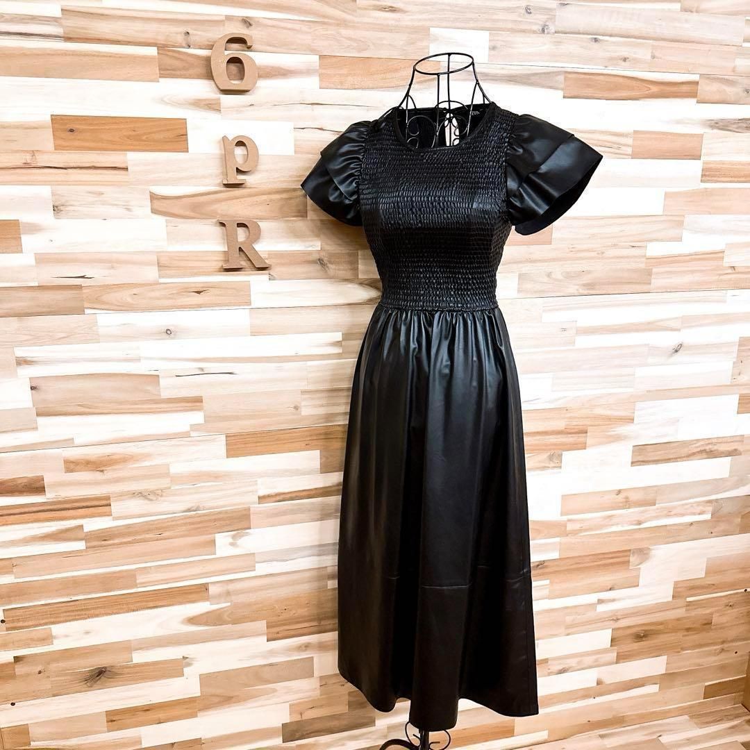 ザラ フェイク レザー レイヤード パフスリーブ ロング ワンピースXS黒