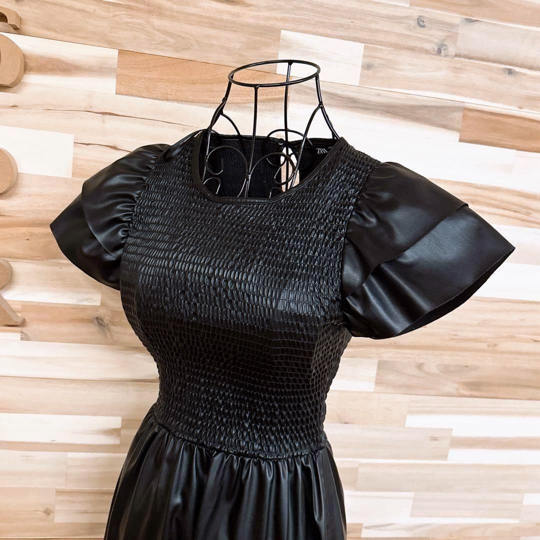 ザラ フェイク レザー レイヤード パフスリーブ ロング ワンピースXS黒