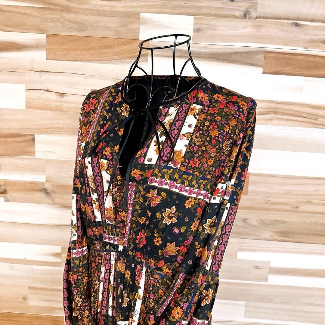 ザラ 花柄 フローラル ブロック ロング ワンピース リボン S 黒×ピンク