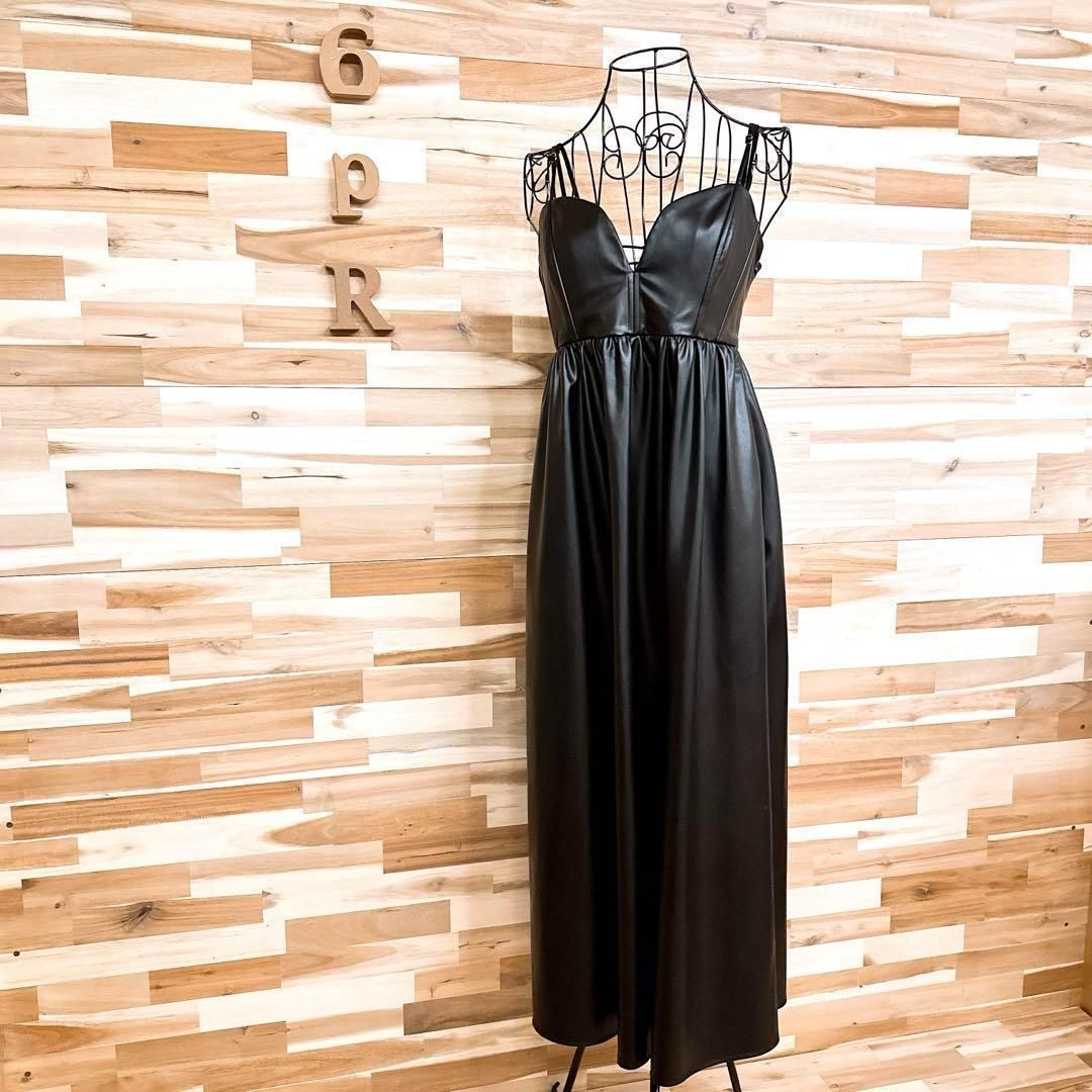 ザラ フェイク レザー ロング キャミ ドレス ワンピース M 黒ブラック