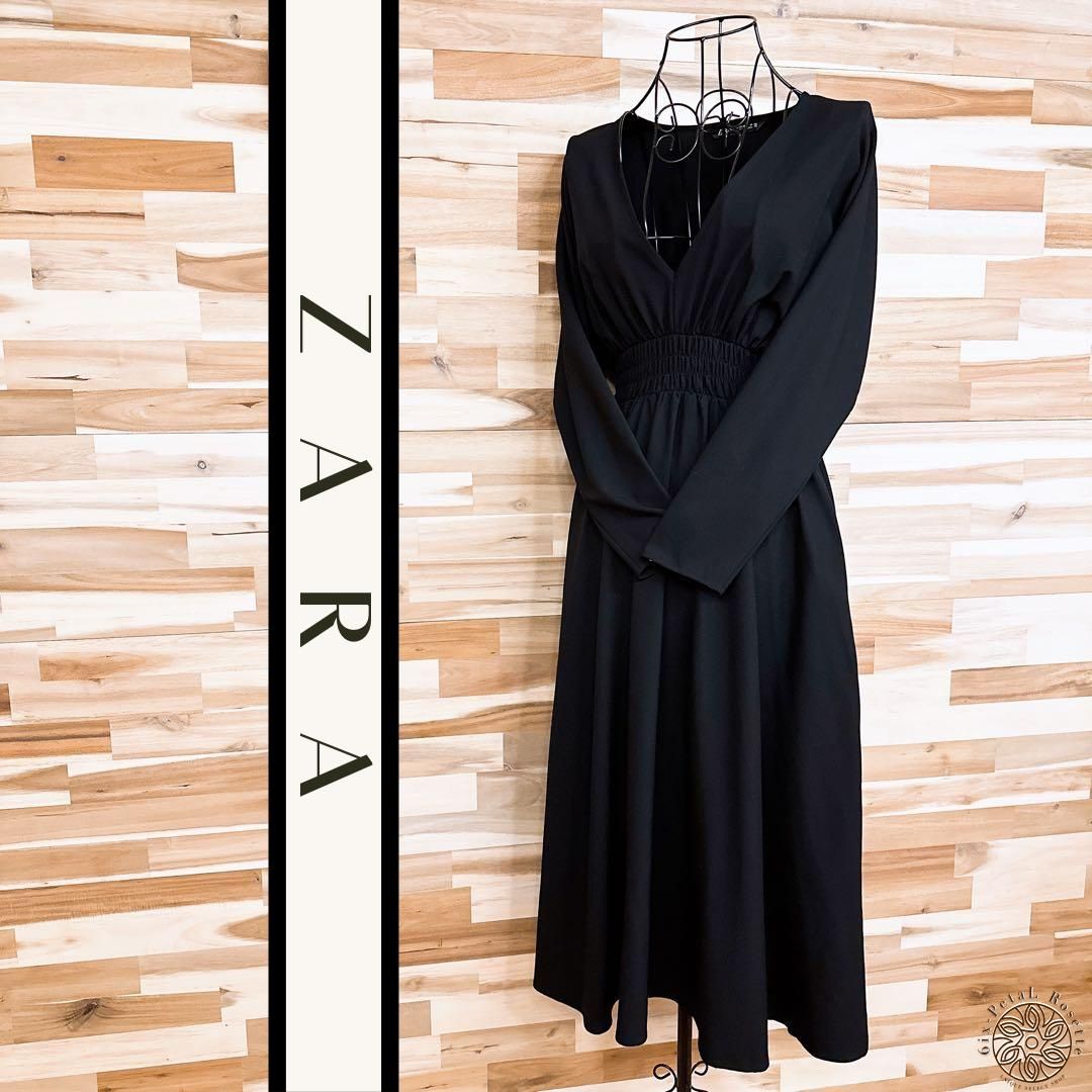 ザラ Vネック シャーリング ロング ワンピース ラグランスリーブ XS 黒