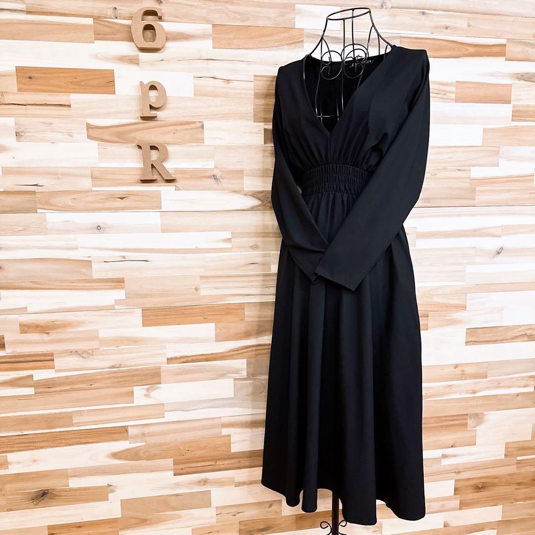 ザラ Vネック シャーリング ロング ワンピース ラグランスリーブ XS 黒