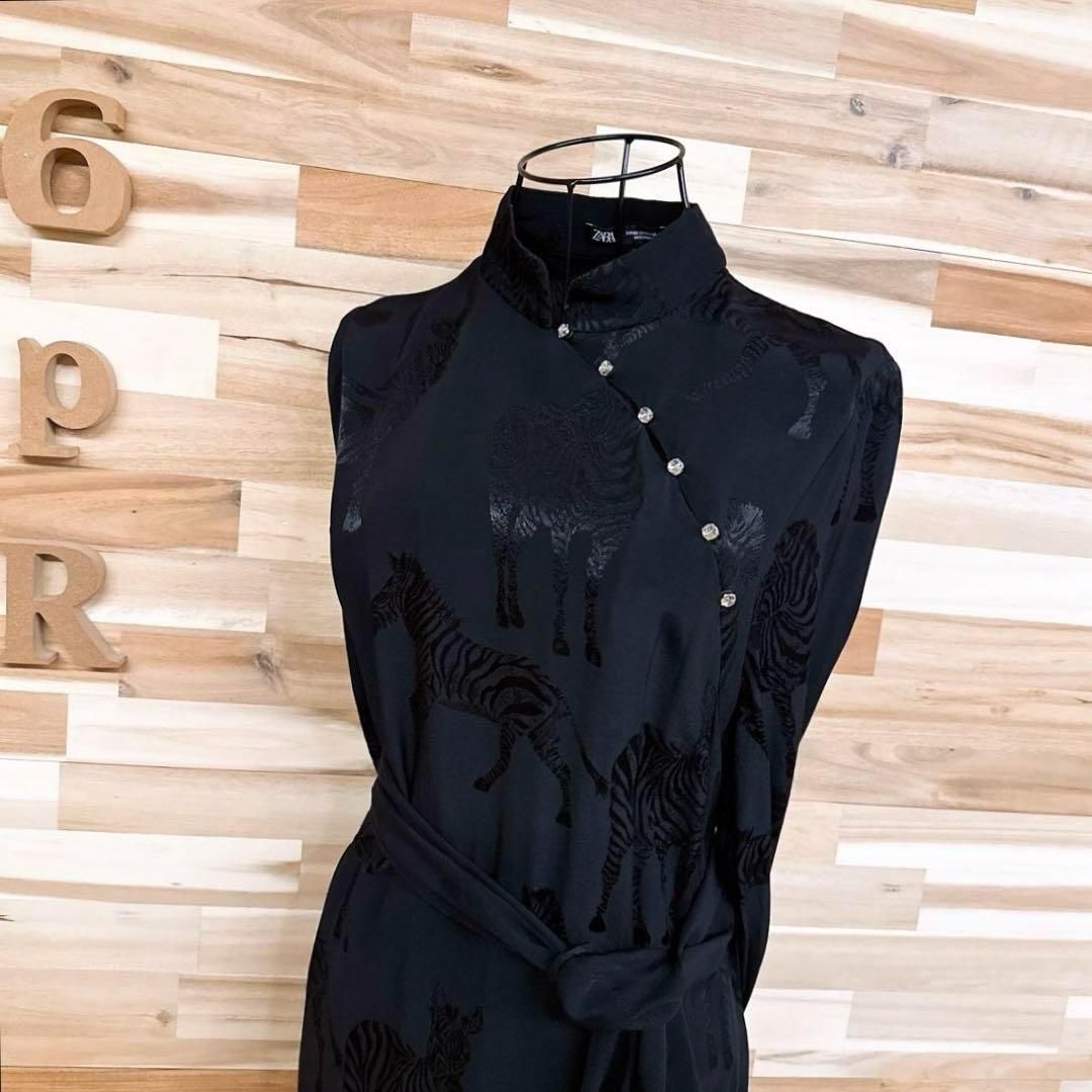 ザラ ジャガード シャドー アニマル ゼブラ ロング ワンピース XS 黒