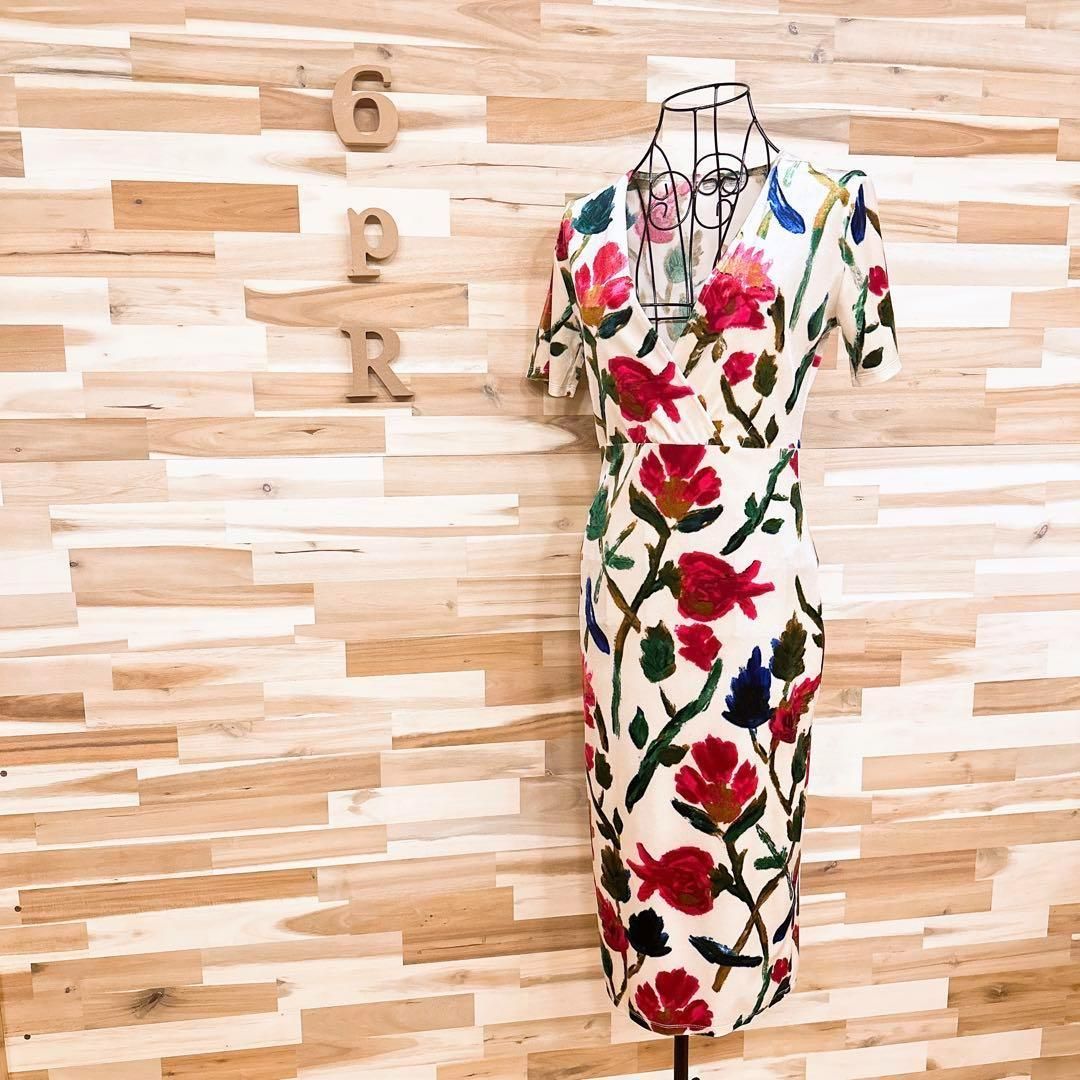 ザラ ベロア カシュクール フラワー ワンピース 花柄 M ベージュ×ピンク