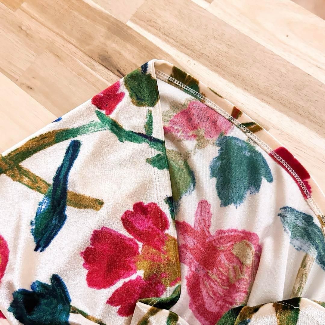  ザラ ベロア カシュクール フラワー ワンピース 花柄 M ベージュ×ピンク 半袖 ひざ丈ワンピース