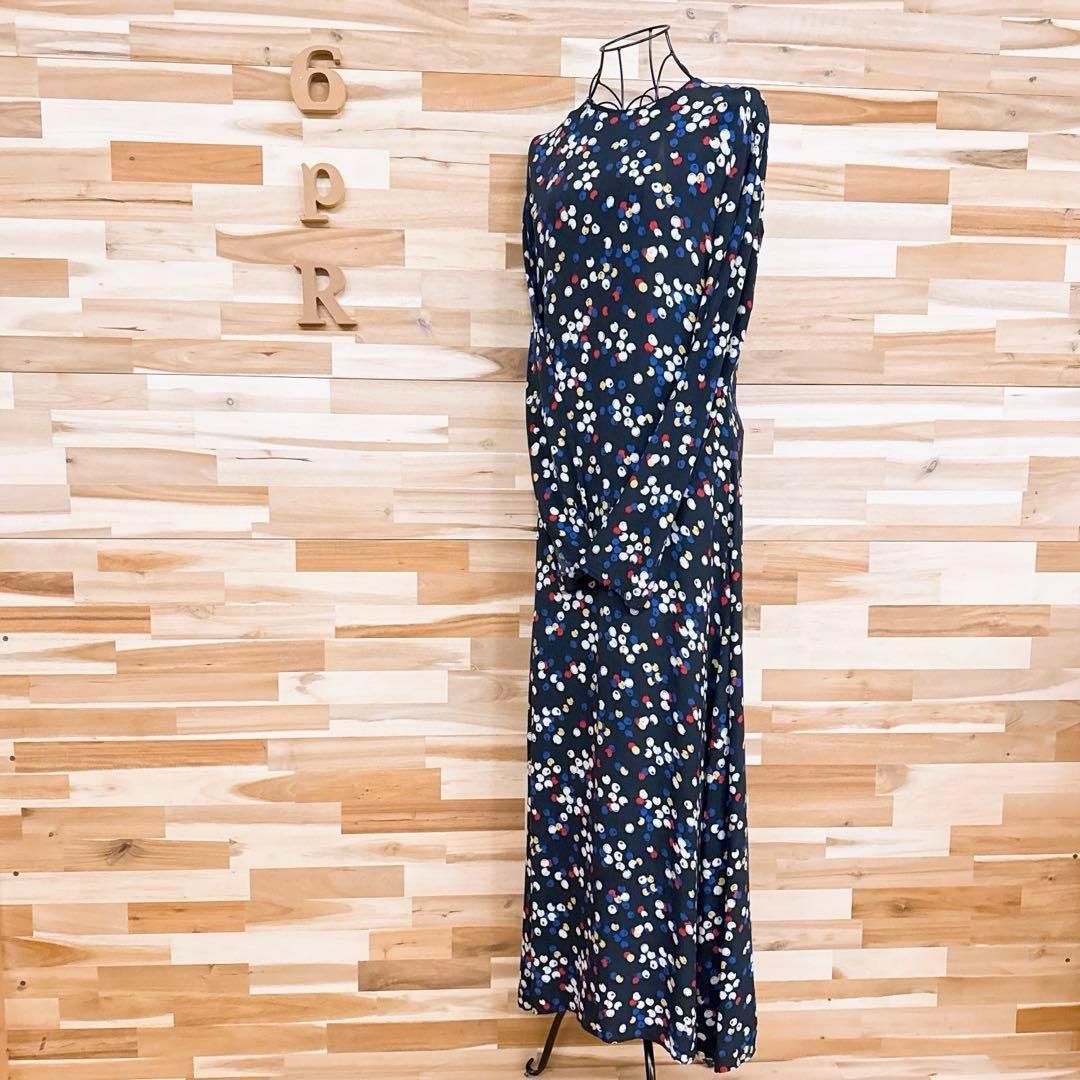 ザラ クルーネック カラフル ドット ロング ワンピース 総柄 L 紺 白