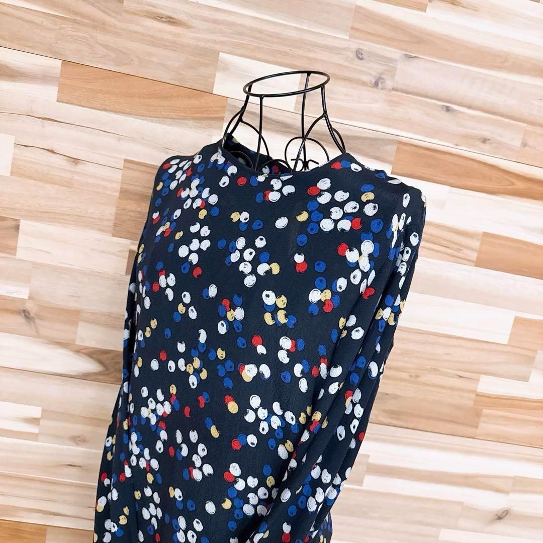 ザラ クルーネック カラフル ドット ロング ワンピース 総柄 L 紺×白