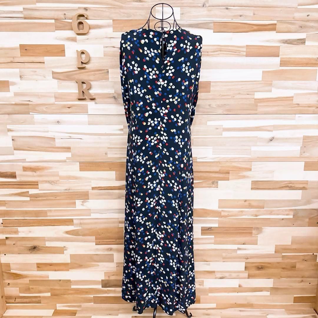  ザラ クルーネック カラフル ドット ロング ワンピース 総柄 L 紺×白 長袖 七分袖 カットソーワンピース