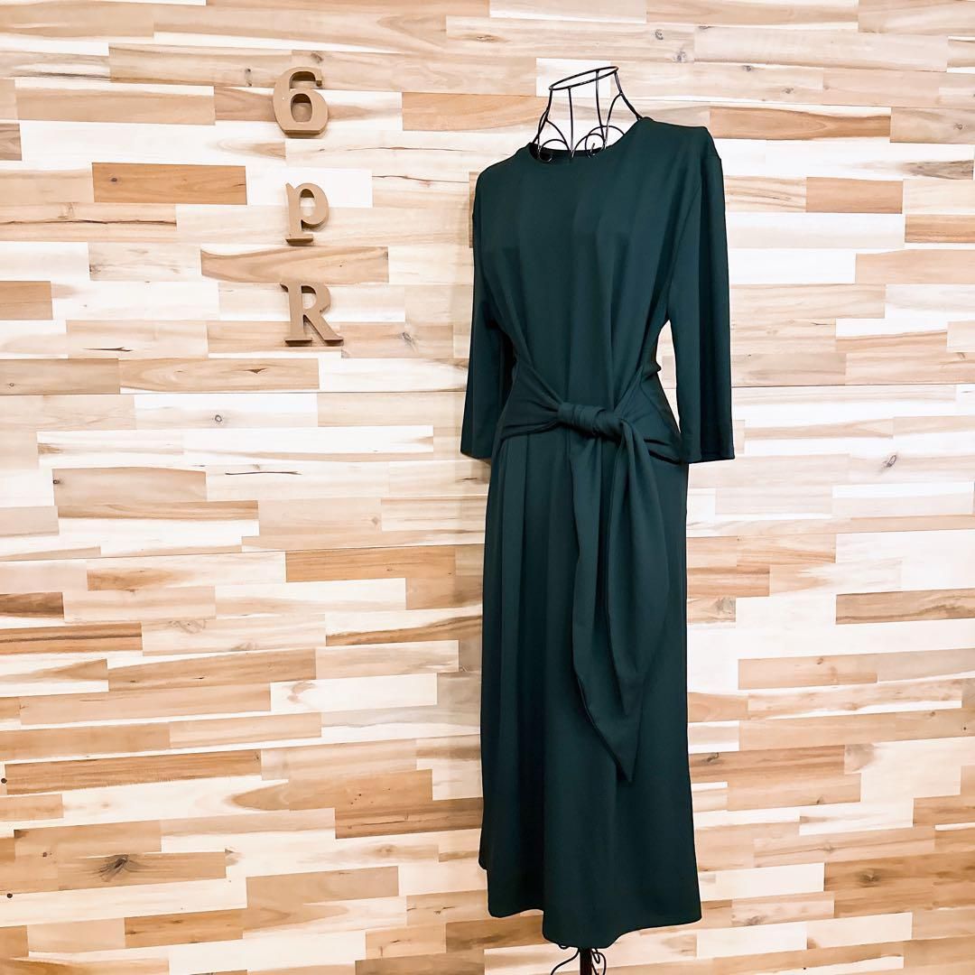 ザラ クルーネック ドレープ リボン ロング ワンピース 長袖 無地 M 深緑