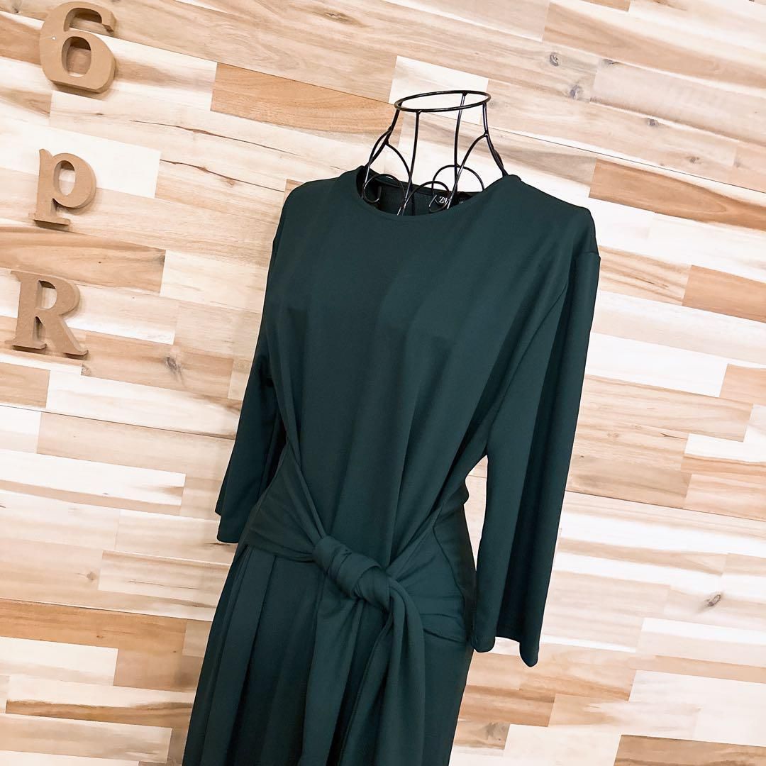 ザラ クルーネック ドレープ リボン ロング ワンピース 長袖 無地 M 深緑