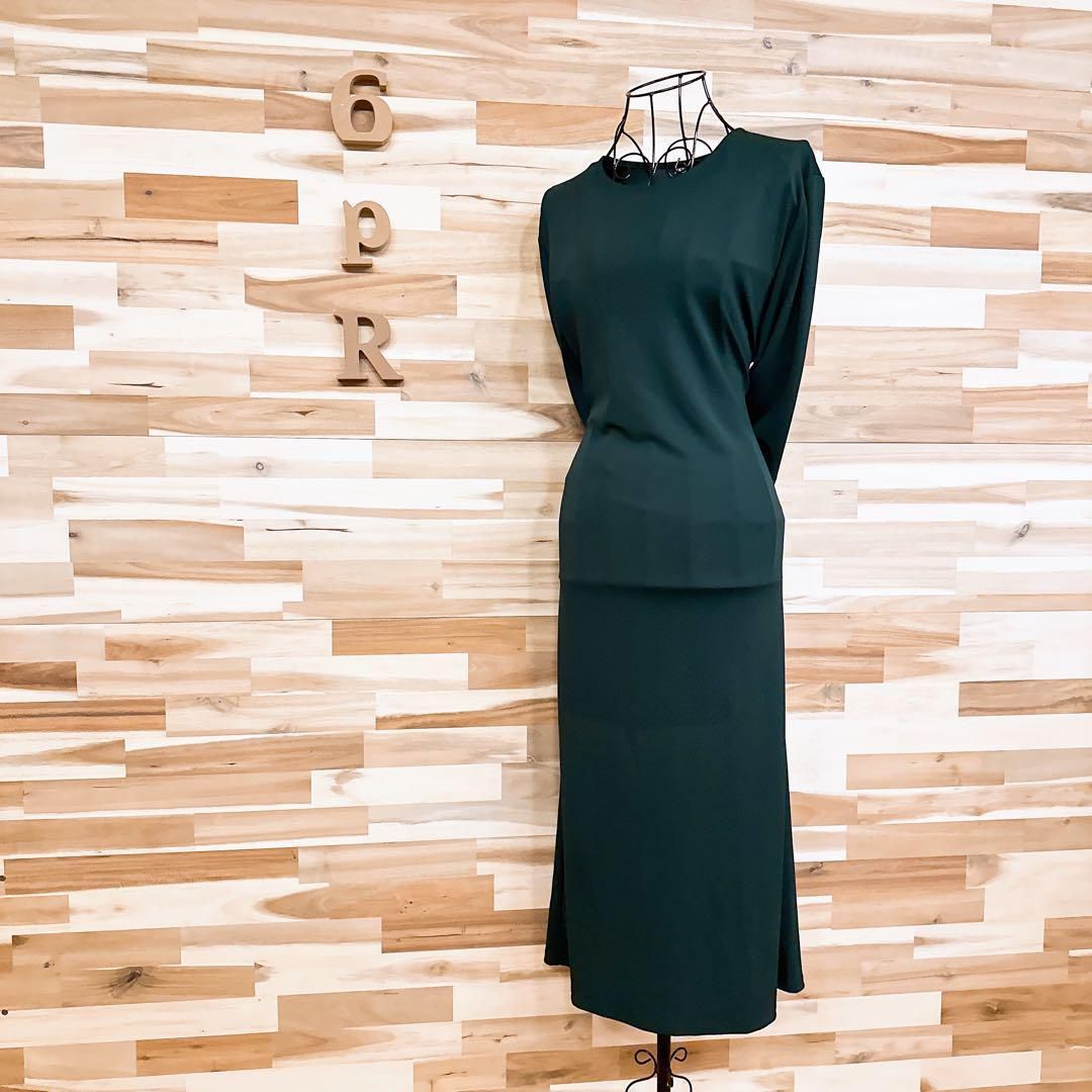  ザラ クルーネック ドレープ リボン ロング ワンピース 長袖 無地 M 深緑 長袖 七分袖 カットソーワンピース