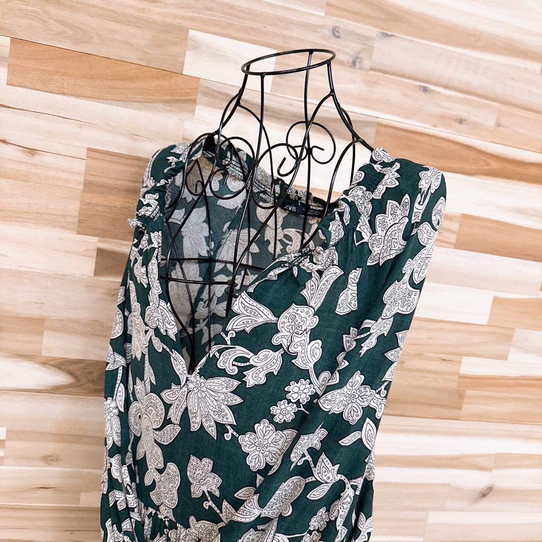 ザラ ボタニカル 花柄 ペイズリー ロング ティアード ワンピース総柄 S 緑