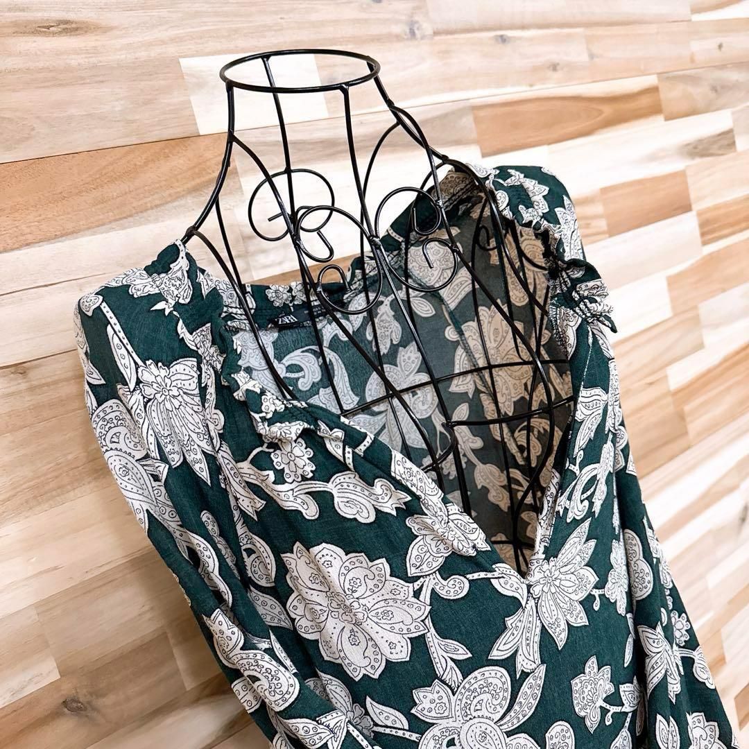  ザラ ボタニカル 花柄 ペイズリー ロング ティアード ワンピース総柄 S 緑 長袖 七分袖 カットソーワンピース