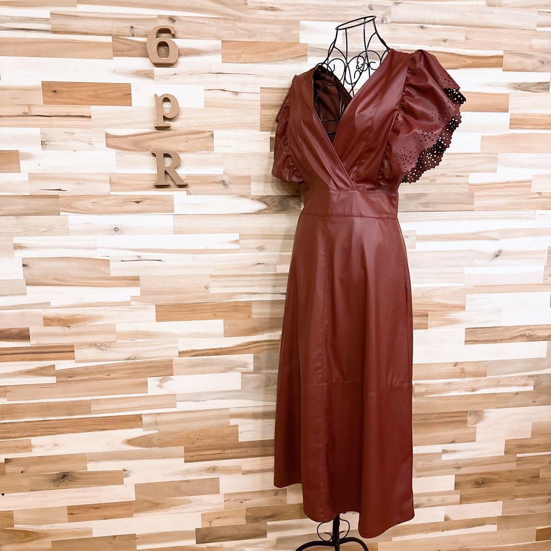 ザラ フェイク レザー フリル スリーブ ロング ドレス ワンピースS茶