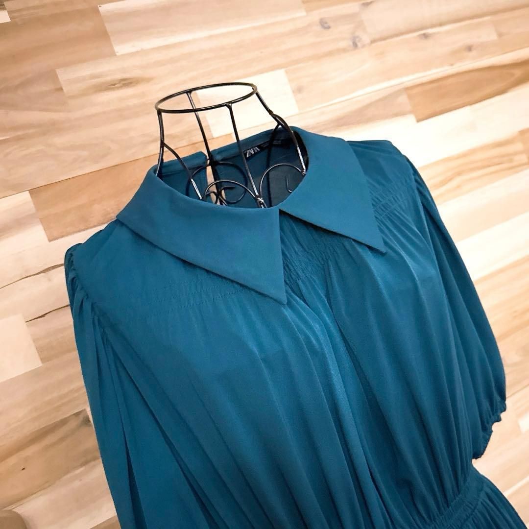  ザラ シャーリング ギャザー ロング ドレス ワンピース 半袖 S 緑グリーン 半袖 その他