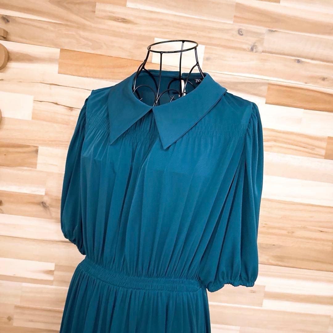 ザラ シャーリング ギャザー ロング ドレス ワンピース 半袖 S 緑グリーン