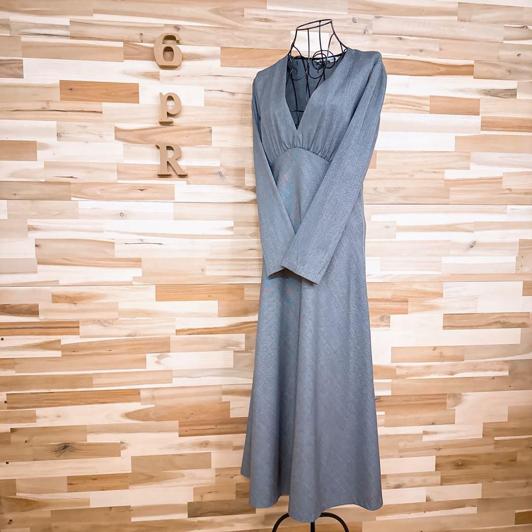 ザラ Vネック ヘリンボーン ギャザー ロング ワンピース 長袖 M グレー