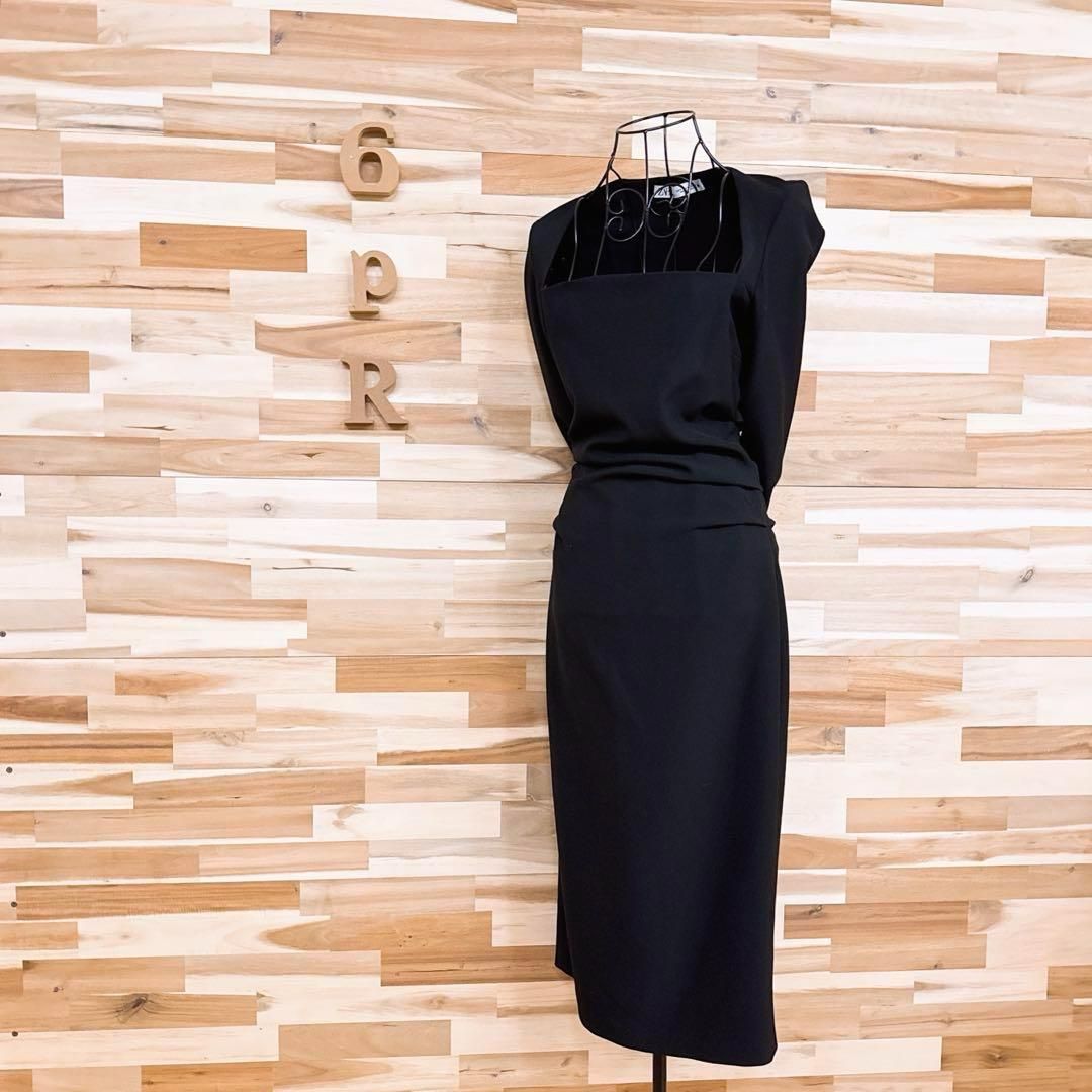  ザラ クラシカル スクエアネック ロング ドレス ワンピース S 黒 ブラック 長袖 七分袖 カットソーワンピース