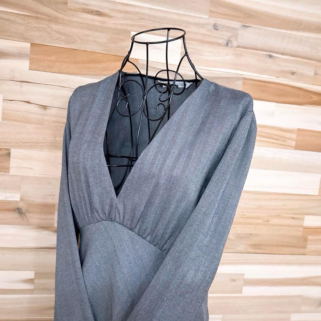 ザラ Vネック ヘリンボーン ギャザー ロング ワンピース 長袖 M グレー