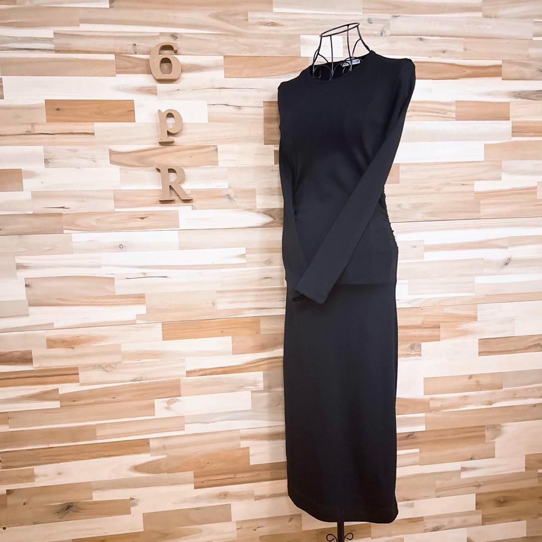 ザラ コットン ブレンド 腰くしゅくしゅ ロング ワンピース XS 黒ブラック