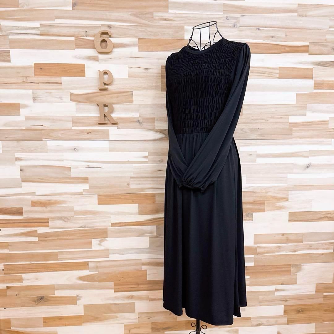 ザラ クルーネック シャーリング ロング ドレス ワンピース S 黒ブラック