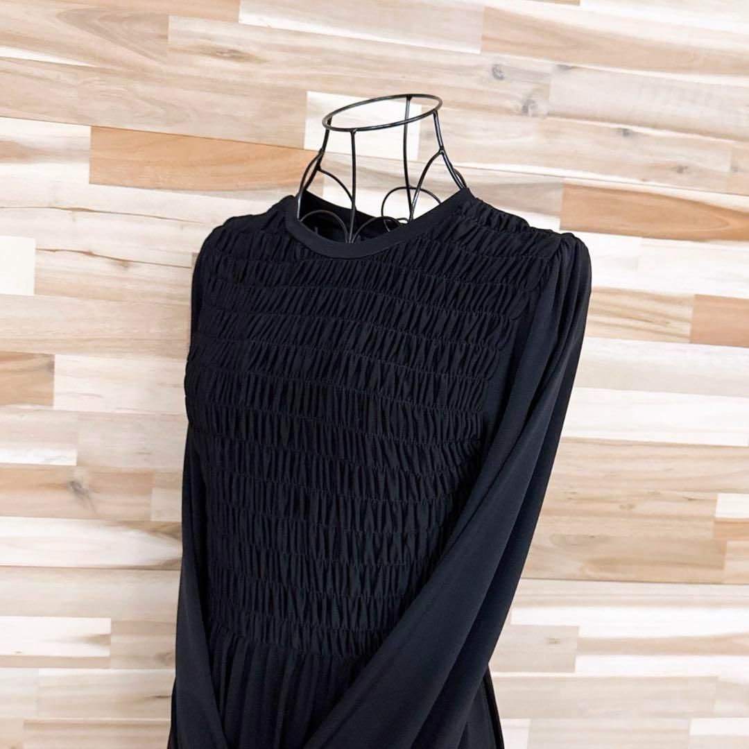 ザラ クルーネック シャーリング ロング ドレス ワンピース S 黒ブラック