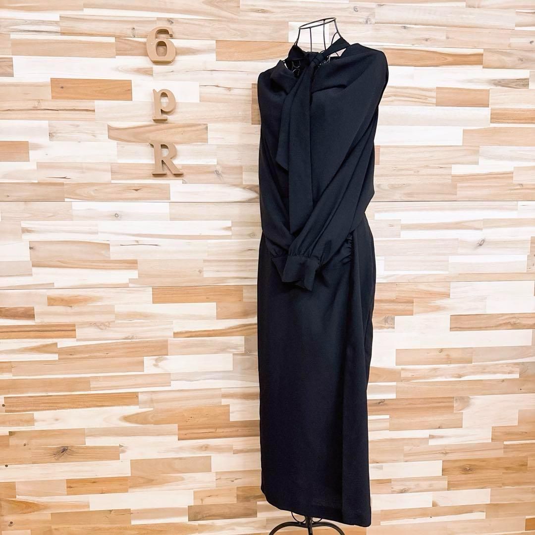 ザラ リボン タイ ドレープ ネック ロング ワンピース XS 黒ブラック