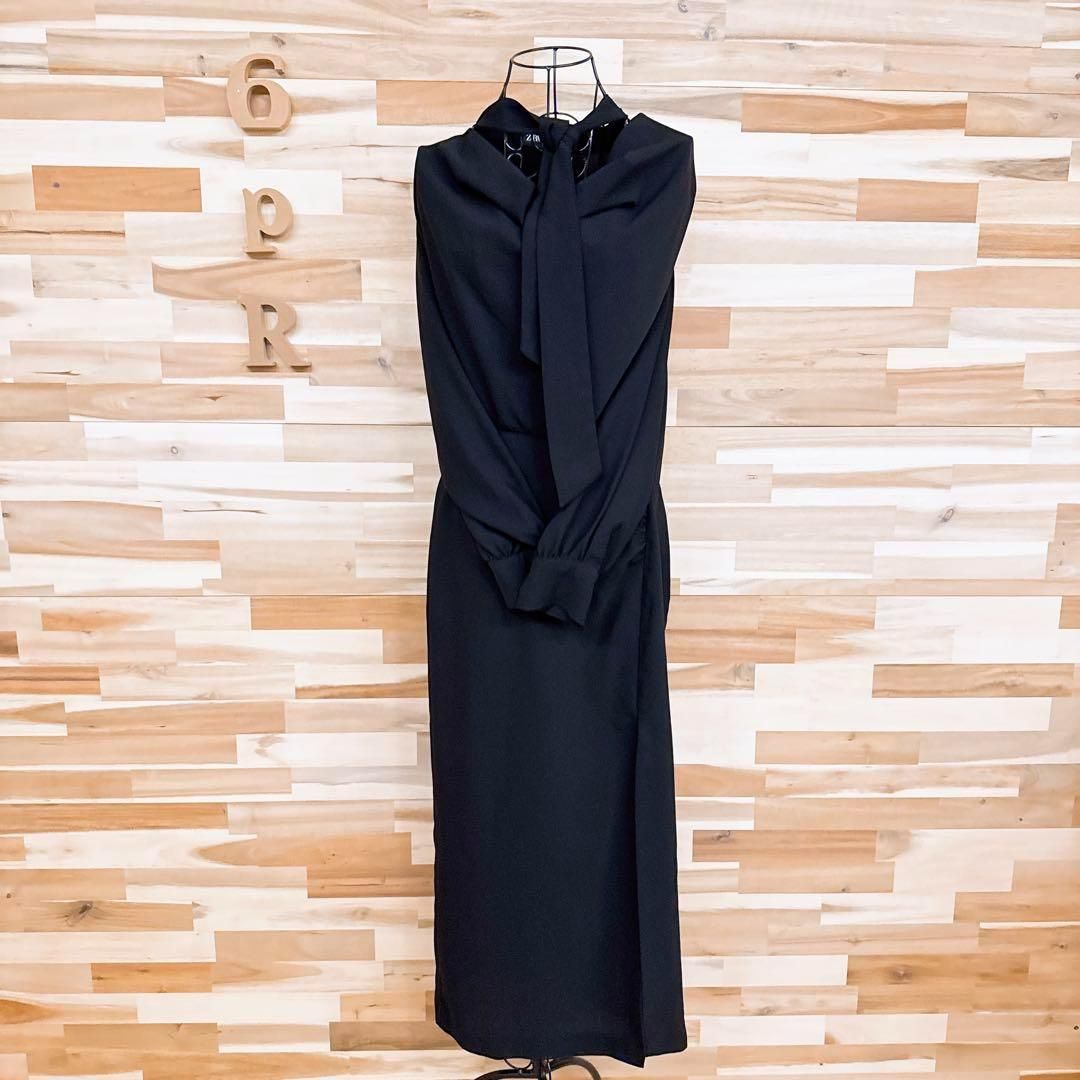  ザラ リボン タイ ドレープ ネック ロング ワンピース XS 黒ブラック 長袖 七分袖 カットソーワンピース