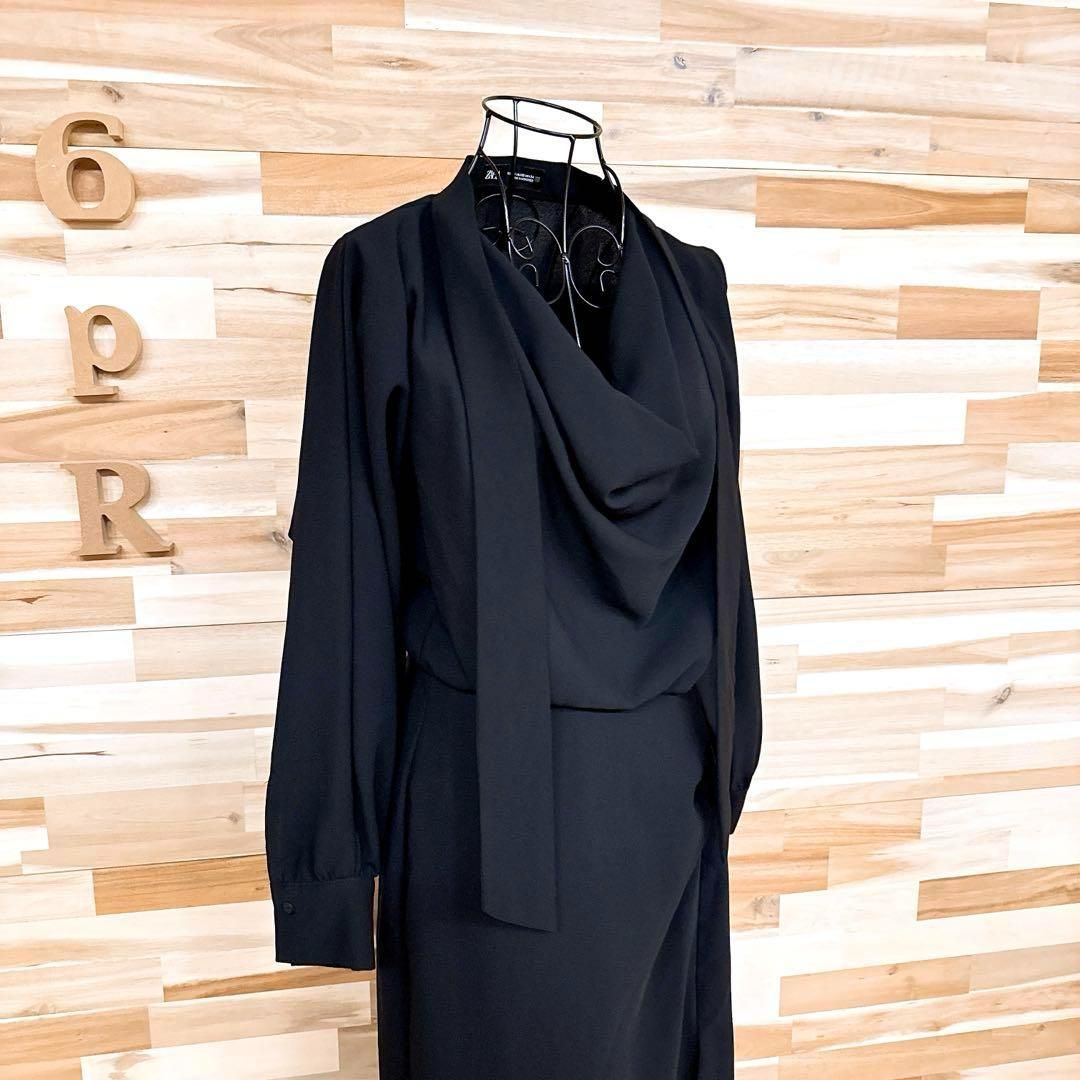 希少【ザラ】リボン タイ ドレープ ネック ロング ワンピース XS 黒