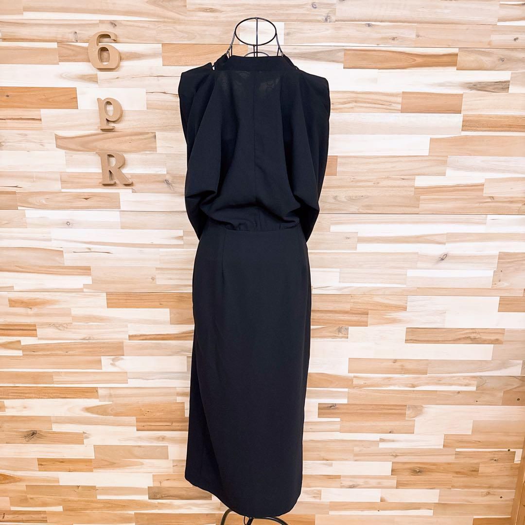 希少【ザラ】リボン タイ ドレープ ネック ロング ワンピース XS 黒