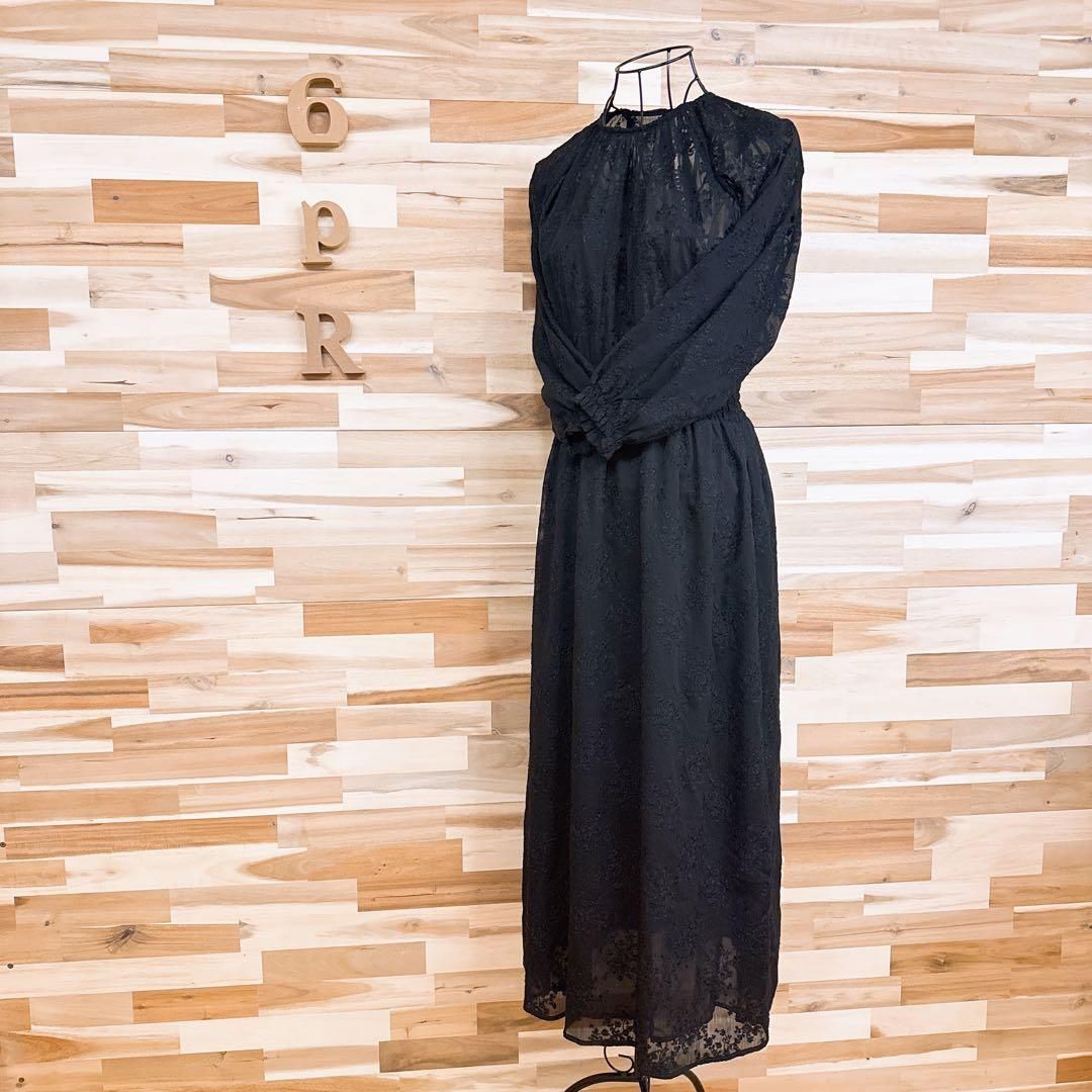 ザラ 透け感シアー 刺繍フラワー 花柄 ロング ワンピース XS 黒