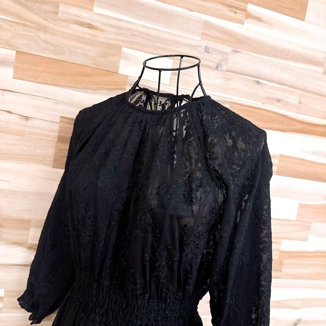 ザラ 透け感シアー 刺繍フラワー 花柄 ロング ワンピース XS 黒