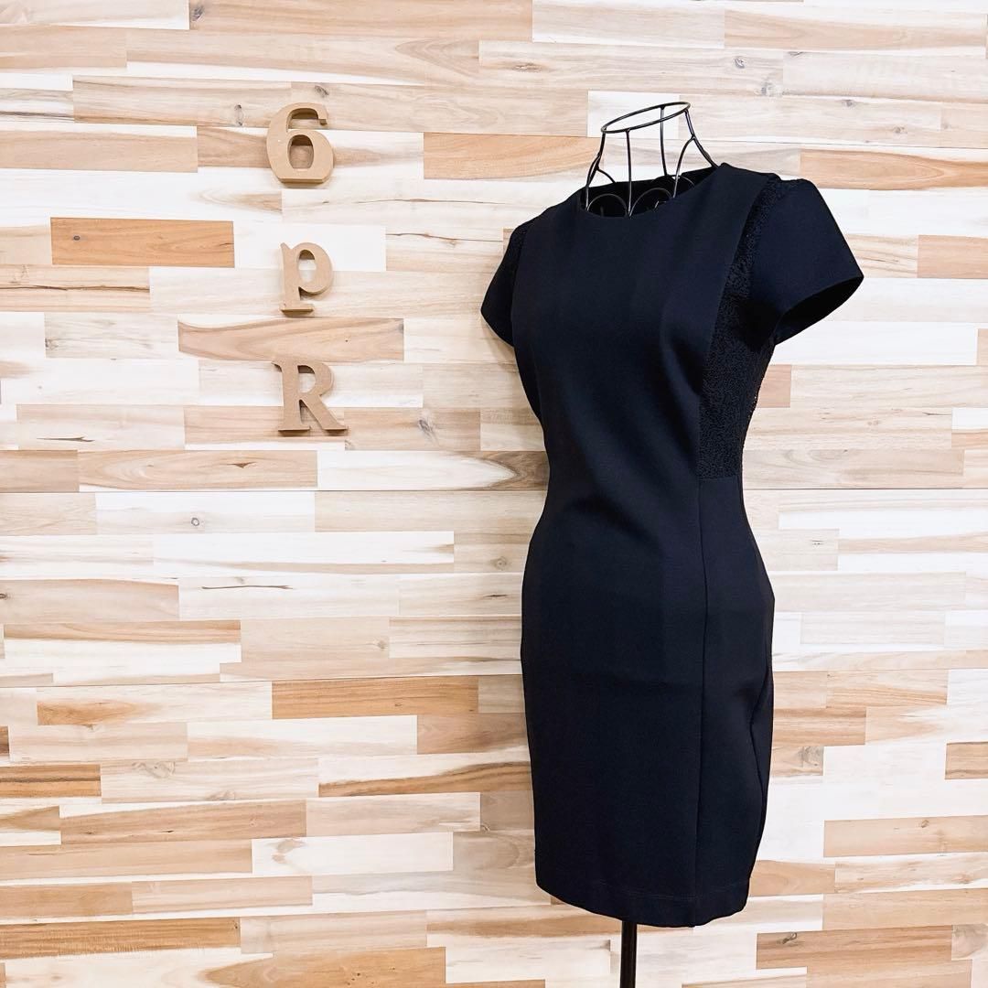 ザラ レース切り替え タイト ドレス ワンピース 半袖 ビジネス S 黒
