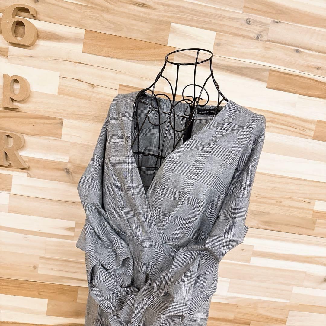 ザラ ボリューム スリーブ ワンピース グレンチェック 総柄 L グレー×黒