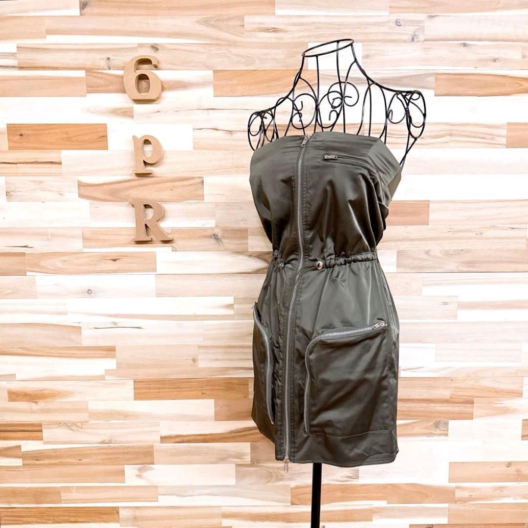 ザラ ジップ ミリタリー ベアトップ ミニ ワンピース XS カーキ 銀