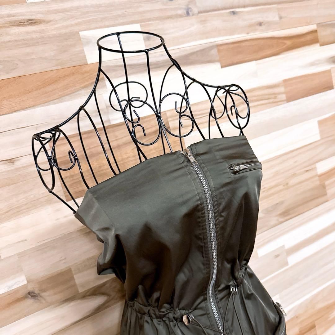  ザラ ジップ ミリタリー ベアトップ ミニ ワンピース XS カーキ×銀 ノースリーブ ミニワンピース