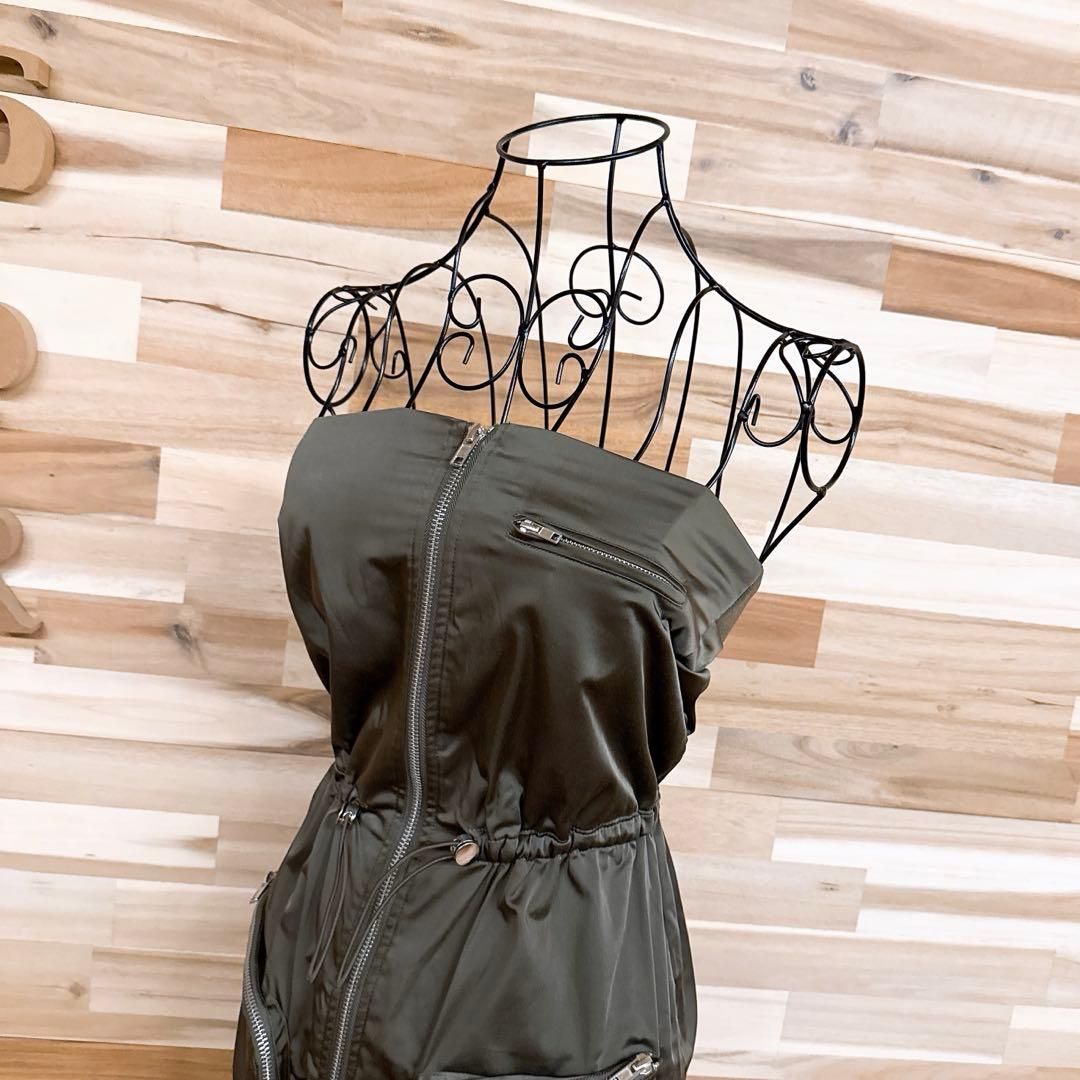 ザラ ジップ ミリタリー ベアトップ ミニ ワンピース XS カーキ×銀