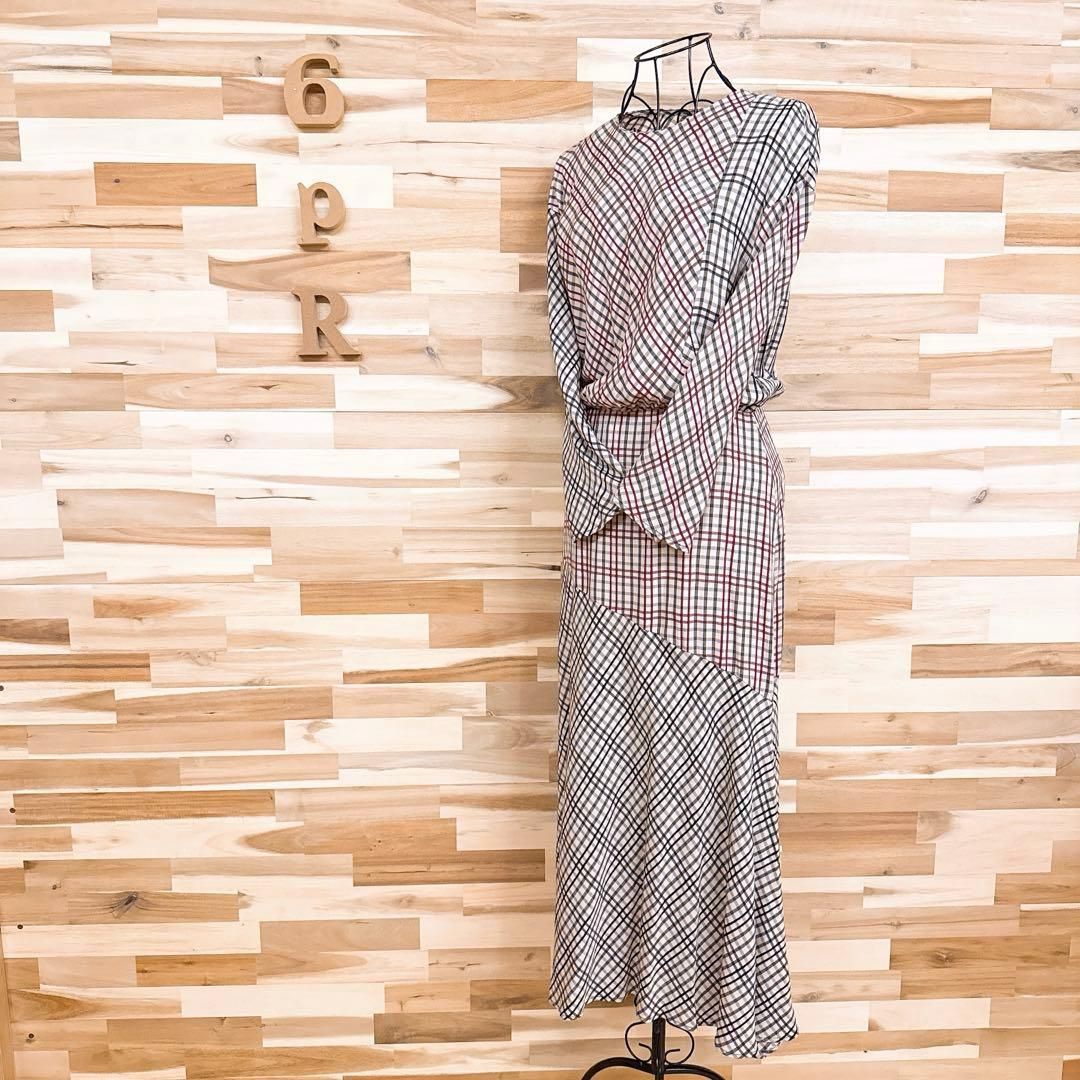 ザラ レトロ チェック ロング ワンピース アシンメトリー S ベージュ×赤