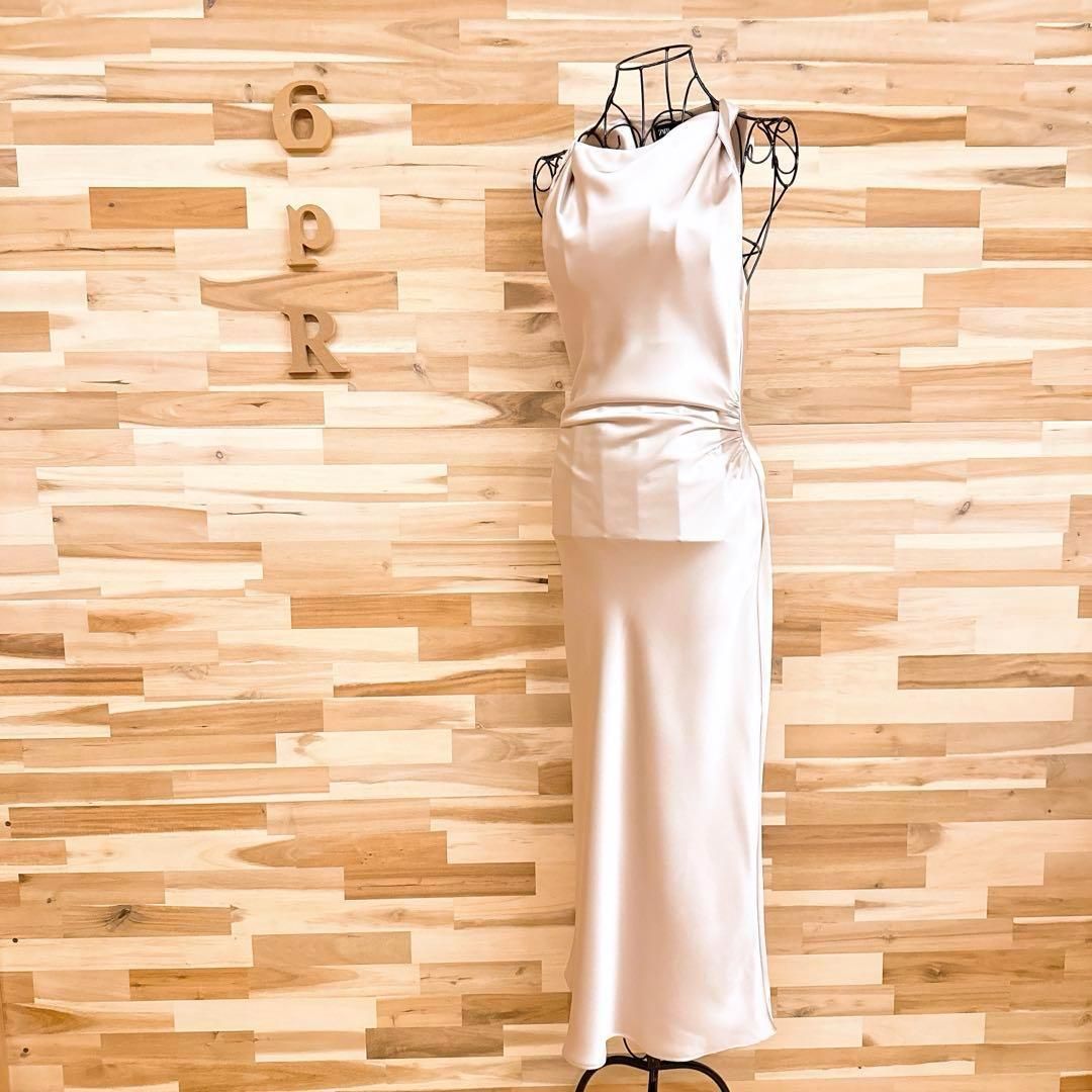 ザラ サテン ひねり ノースリーブ ロング ドレス ワンピース XS ベージュ