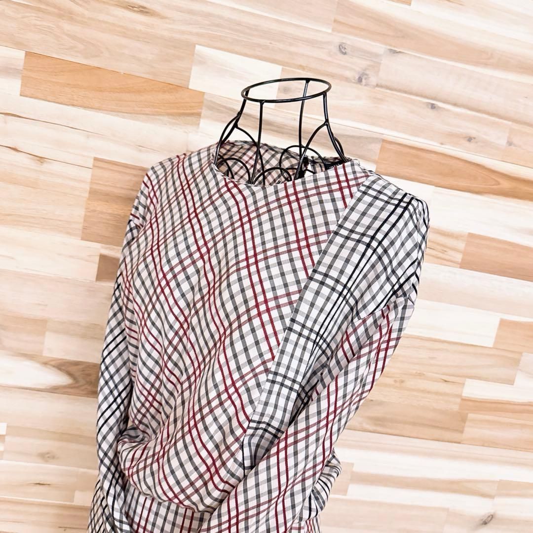 ザラ レトロ チェック ロング ワンピース アシンメトリー S ベージュ×赤