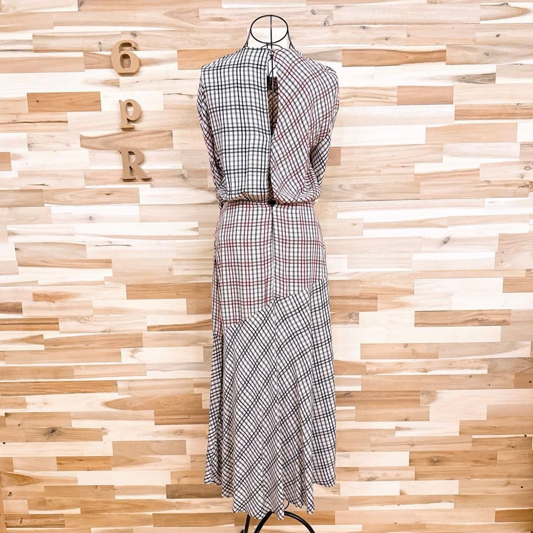  ザラ レトロ チェック ロング ワンピース アシンメトリー S ベージュ×赤 長袖 七分袖 カットソーワンピース