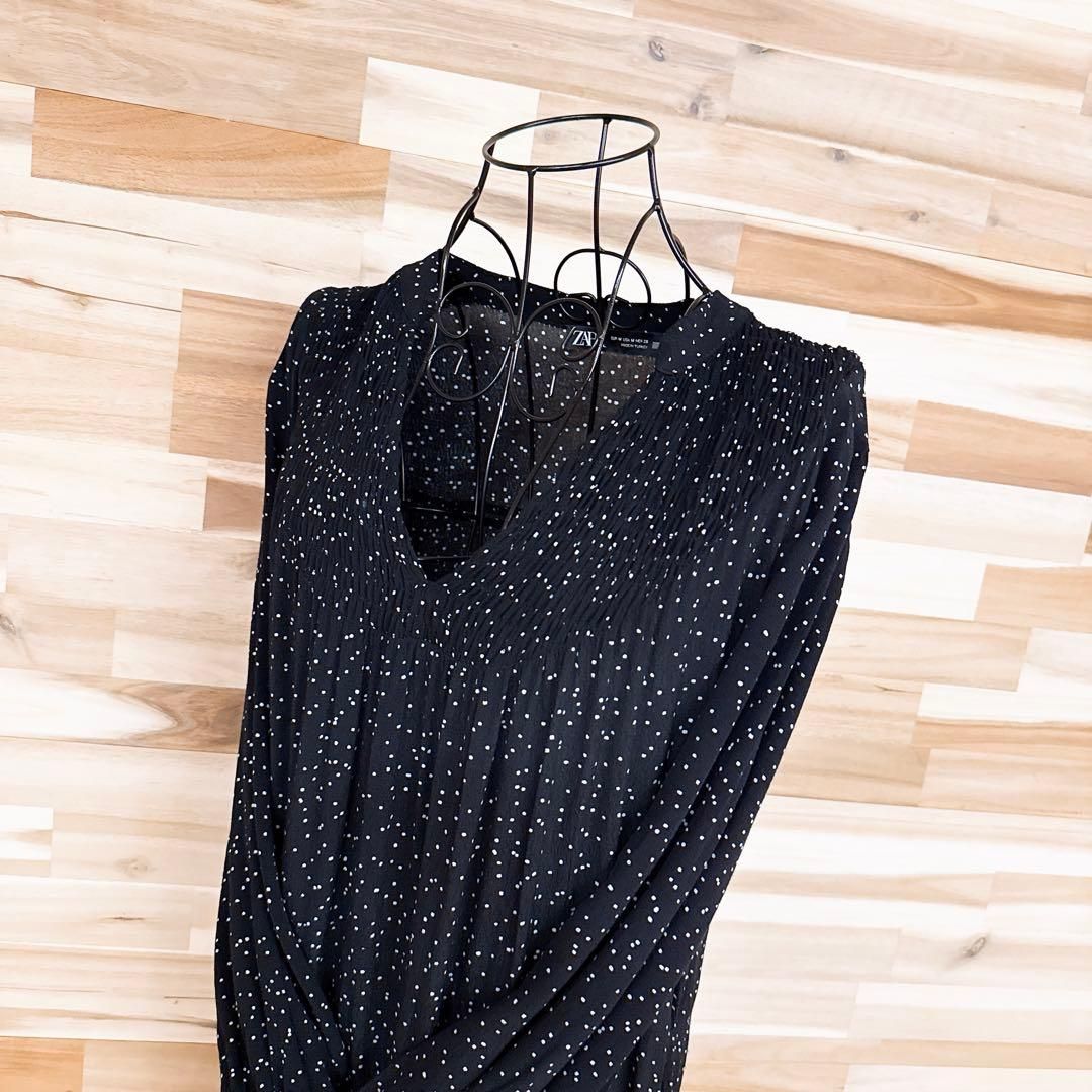 ザラ シボ加工 水玉模様 ドット柄 ロング ティアード ワンピース M 黒×白