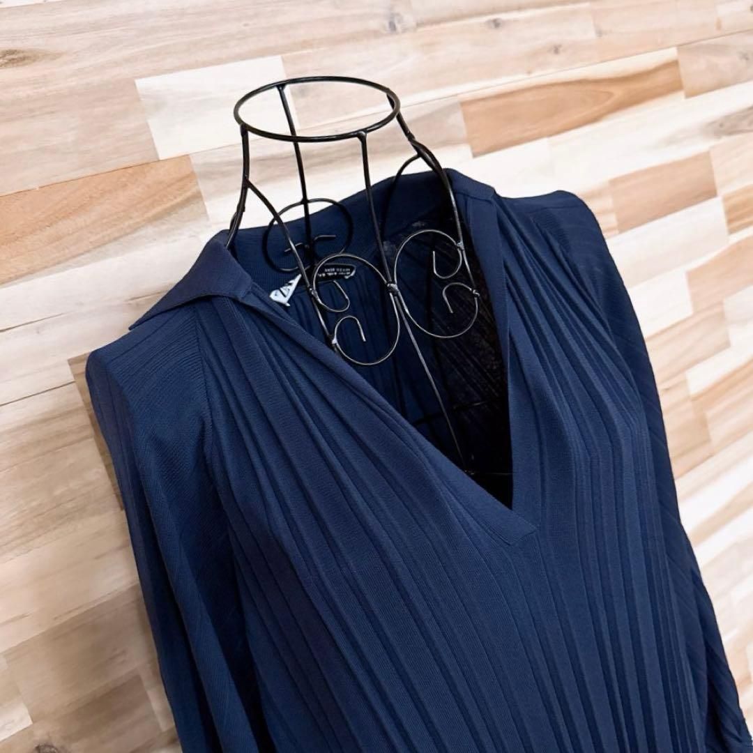  ザラ ドレープ ロング ニット プリーツ ワンピース Vネック S 紺ネイビー 半袖 ニットワンピース