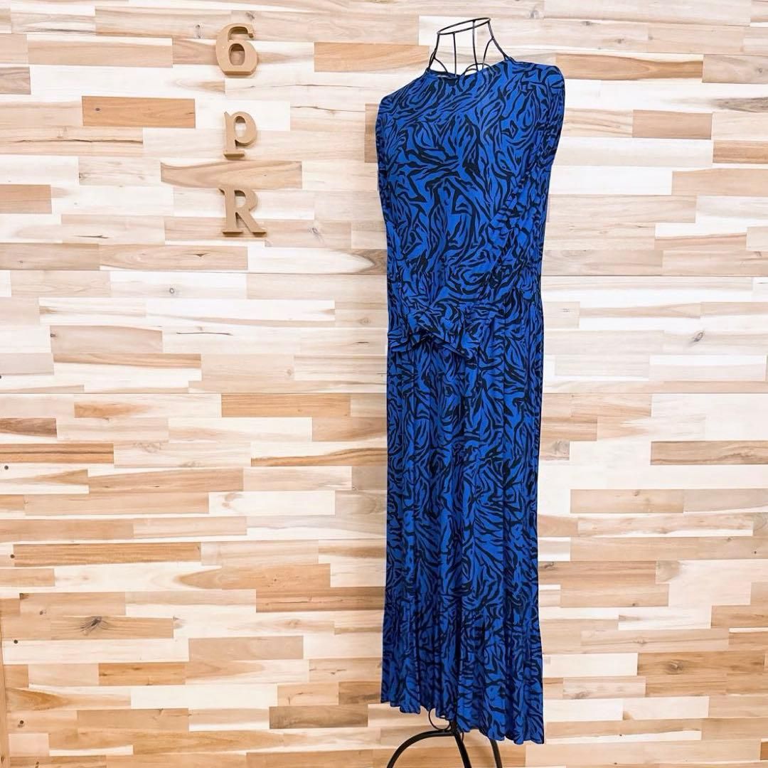 ザラ レーヨン アニマル柄 ゼブラ ロング ティアード ワンピース S 青×黒