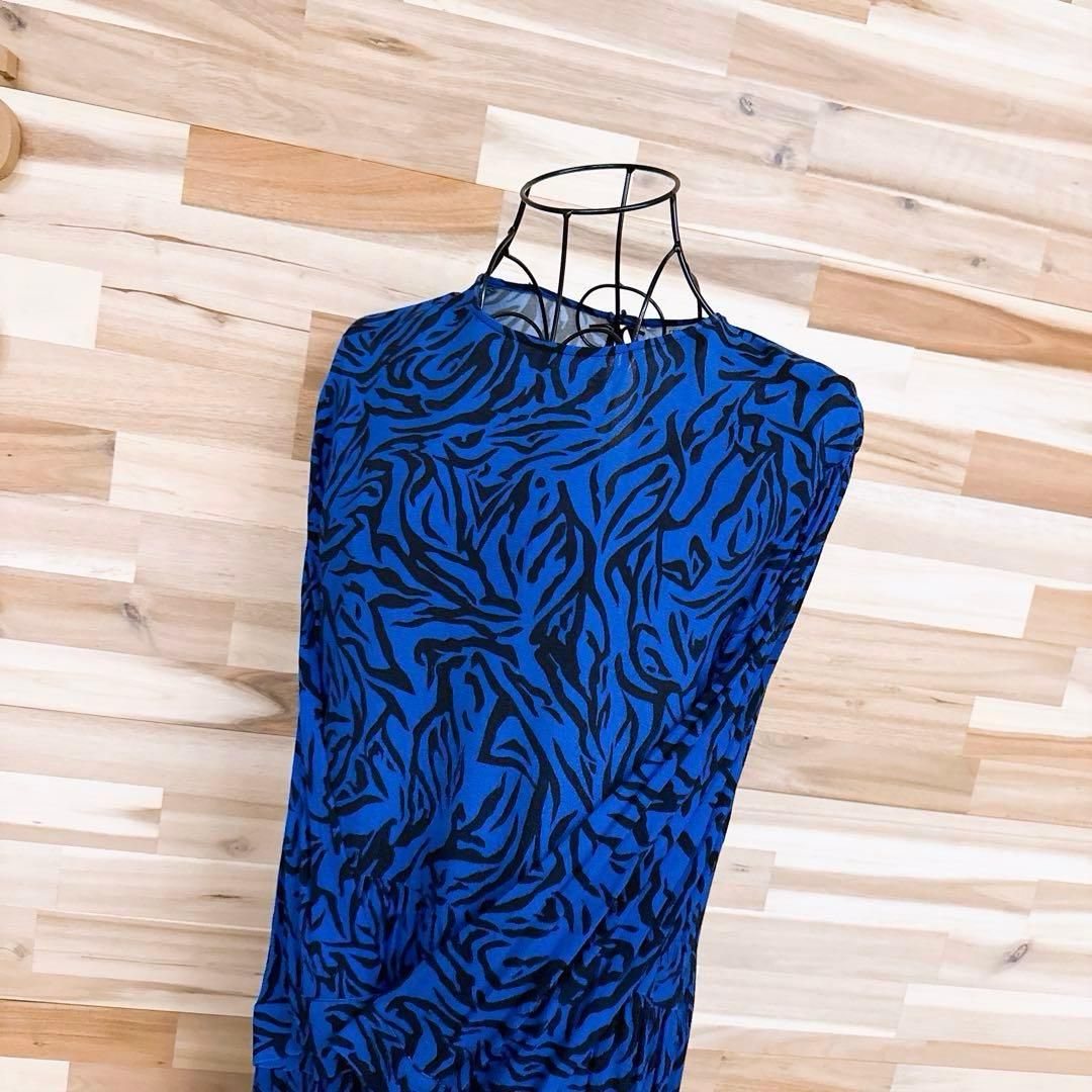 ザラ レーヨン アニマル柄 ゼブラ ロング ティアード ワンピース S 青×黒