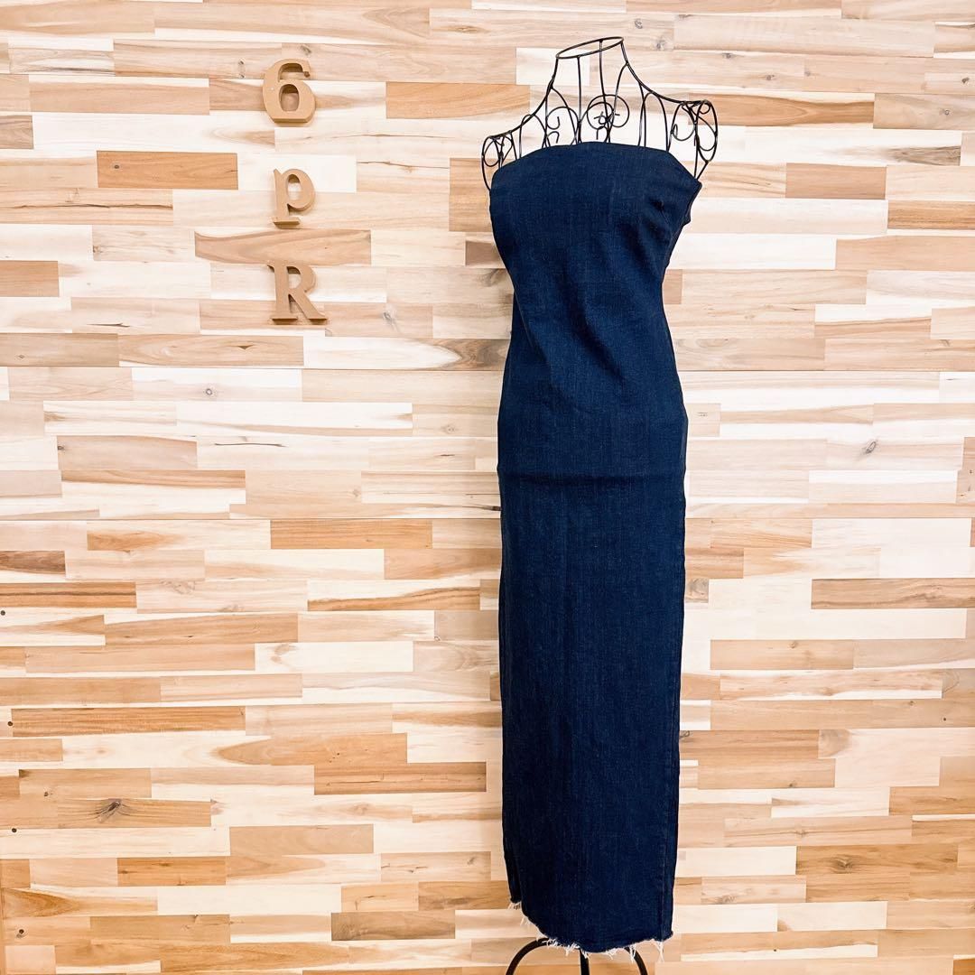 ザラ デニム ベアトップ ロング タイト ワンピース スリット M 紺ネイビー