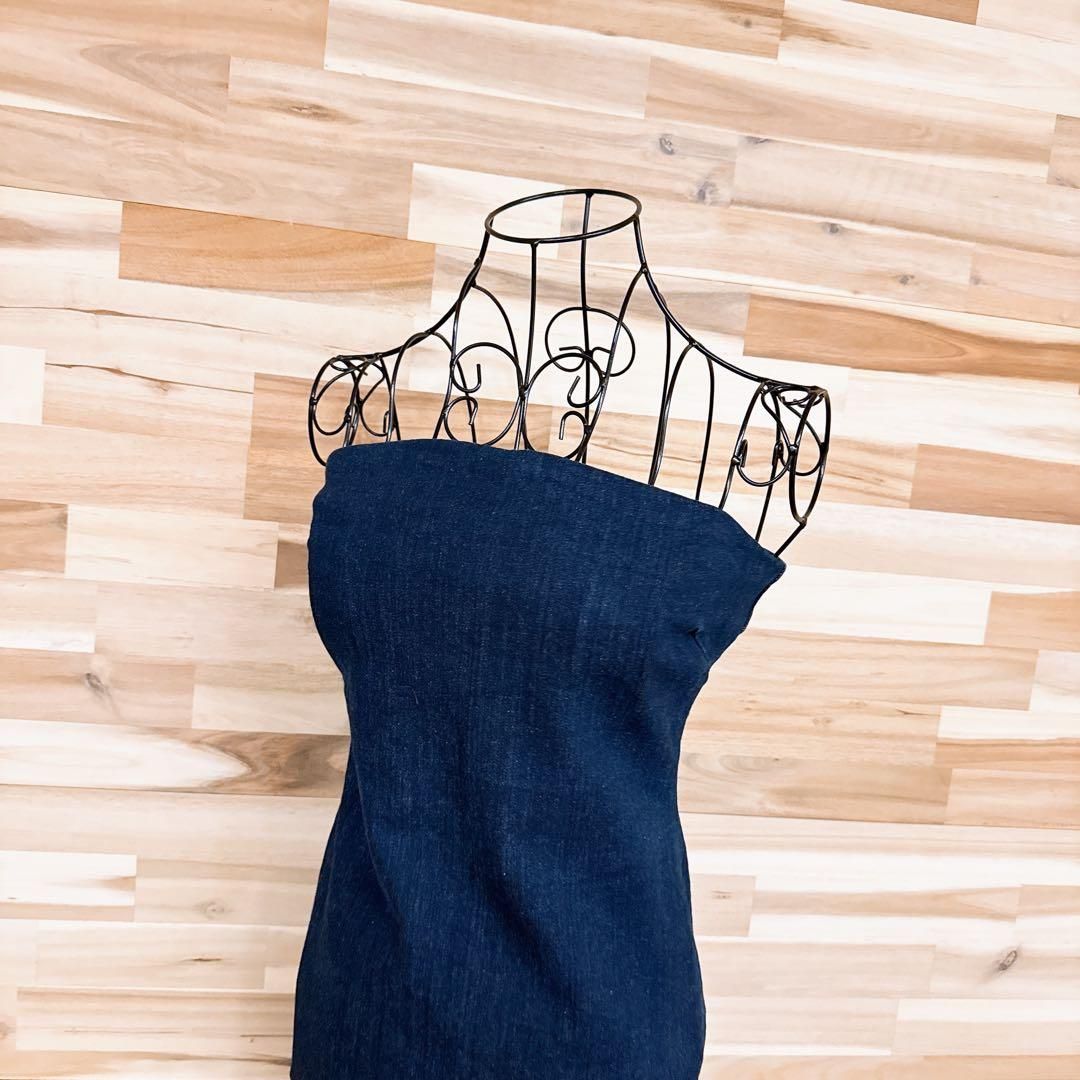 ザラ デニム ベアトップ ロング タイト ワンピース スリット M 紺ネイビー