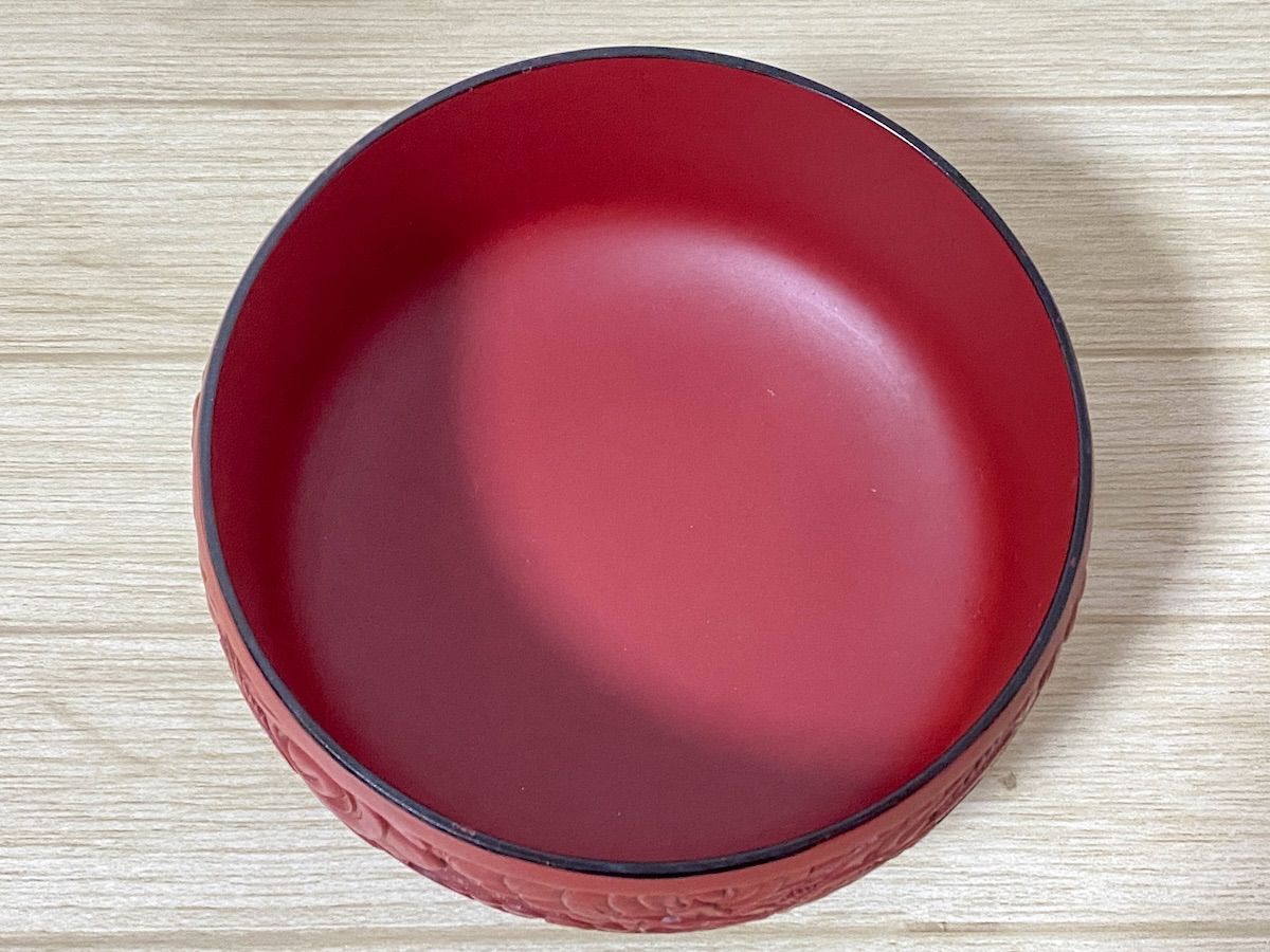 中国伝統工芸品 堆朱 漆器 鉢 朱色 中国伝統工芸品 堆朱 漆器 鉢 朱色